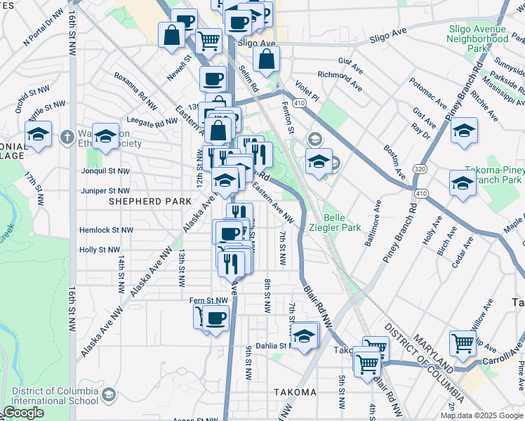 map of restaurants, bars, coffee shops, grocery stores, and more near 7552 8th Street Northwest in Washington