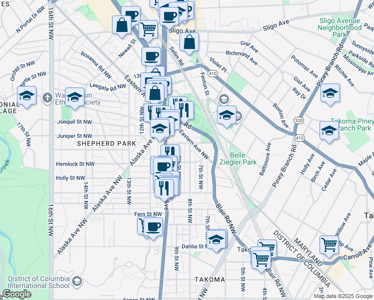 map of restaurants, bars, coffee shops, grocery stores, and more near 7552 8th Street Northwest in Washington