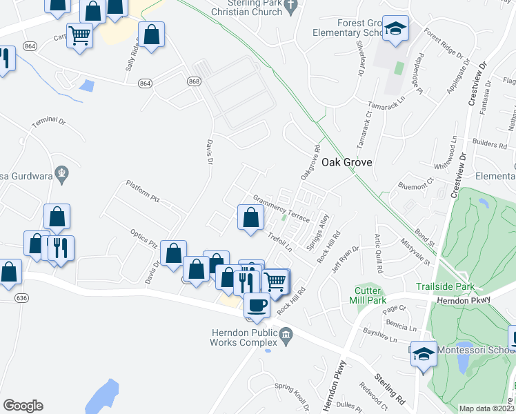 map of restaurants, bars, coffee shops, grocery stores, and more near 22911 Benson Terrace in Sterling