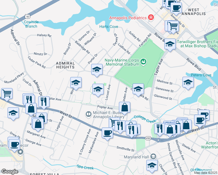 map of restaurants, bars, coffee shops, grocery stores, and more near 291 Locust Avenue in Annapolis
