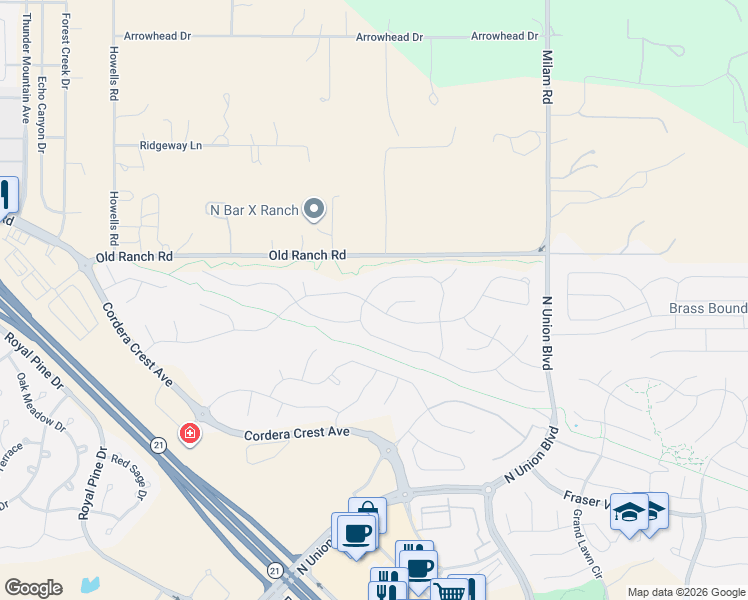 map of restaurants, bars, coffee shops, grocery stores, and more near 10310 Green Lake Court in Colorado Springs