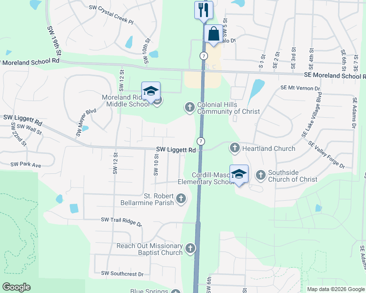 map of restaurants, bars, coffee shops, grocery stores, and more near 2200 Southwest 8th Street Terrace in Blue Springs