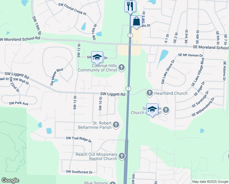 map of restaurants, bars, coffee shops, grocery stores, and more near 2200 Southwest 8th Street Terrace in Blue Springs