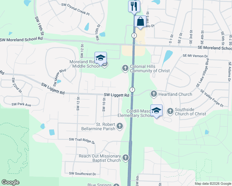 map of restaurants, bars, coffee shops, grocery stores, and more near 3800 Southwest 9 Street in Blue Springs