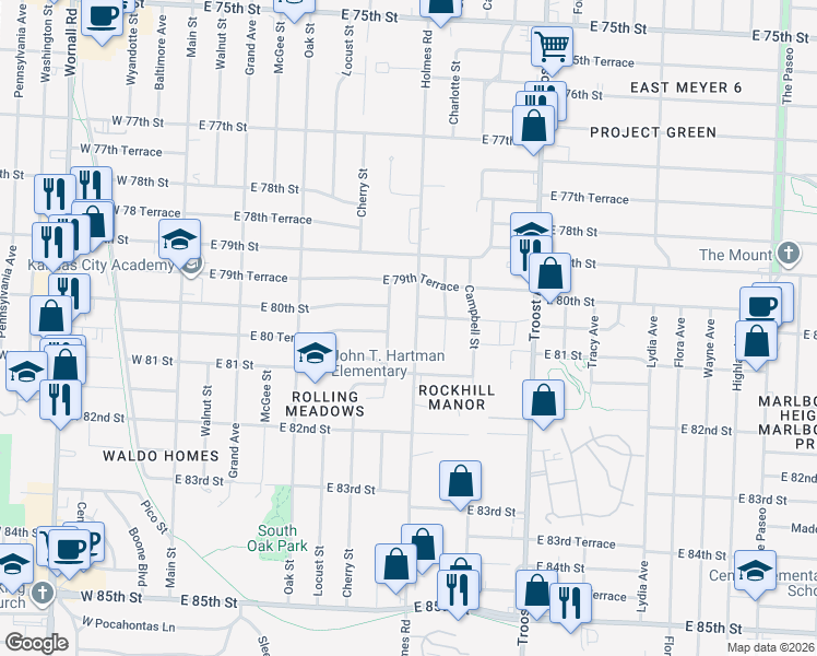 map of restaurants, bars, coffee shops, grocery stores, and more near 8024 Holmes Road in Kansas City