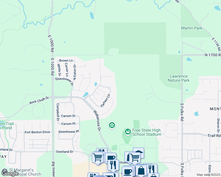 map of restaurants, bars, coffee shops, grocery stores, and more near 131 Earhart Circle in Lawrence