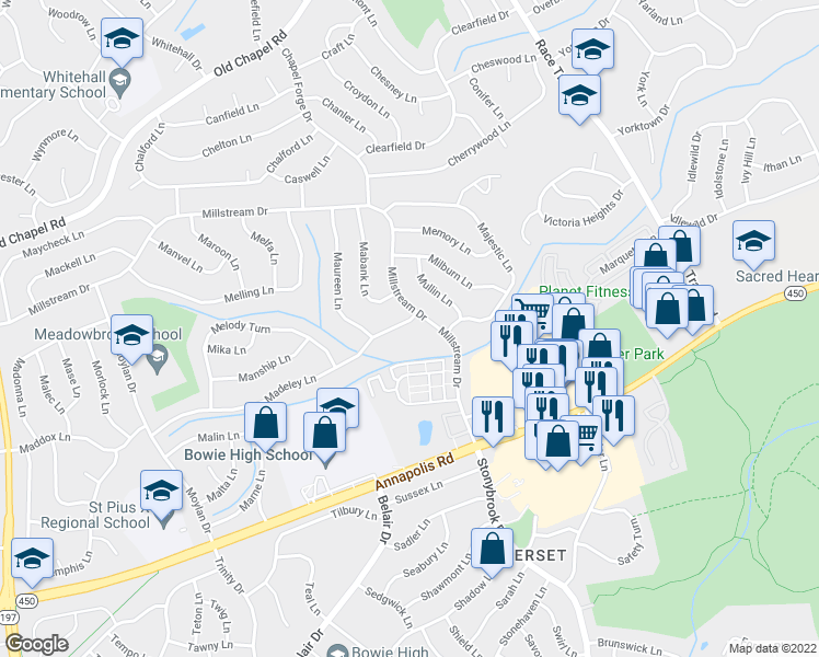 map of restaurants, bars, coffee shops, grocery stores, and more near 12511 Madeley Lane in Bowie