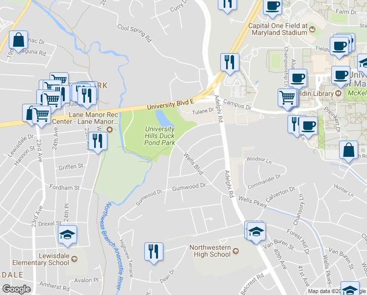 map of restaurants, bars, coffee shops, grocery stores, and more near 7603 Wells Boulevard in Hyattsville