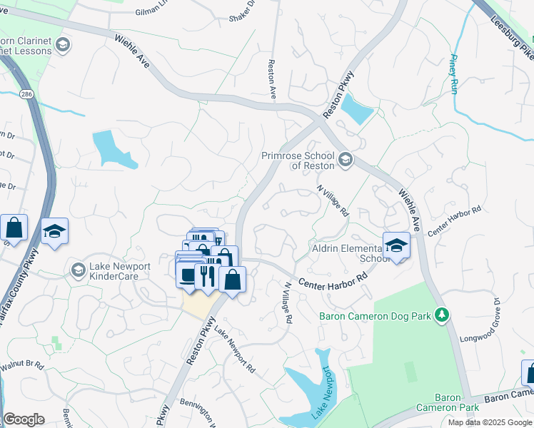map of restaurants, bars, coffee shops, grocery stores, and more near 1463 Park Garden Lane in Reston