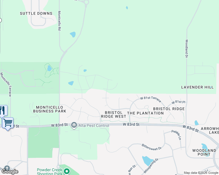 map of restaurants, bars, coffee shops, grocery stores, and more near 8102 Millridge Street in Lenexa