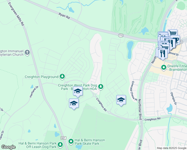 map of restaurants, bars, coffee shops, grocery stores, and more near 22936 Bubbling Brook Drive in Brambleton