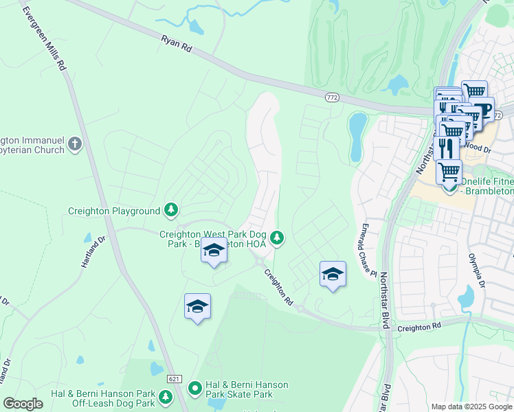 map of restaurants, bars, coffee shops, grocery stores, and more near 22936 Bubbling Brook Drive in Brambleton