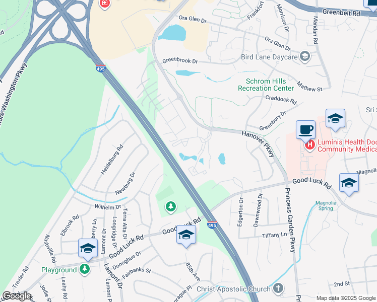 map of restaurants, bars, coffee shops, grocery stores, and more near 6610 Lake Park Drive in Greenbelt