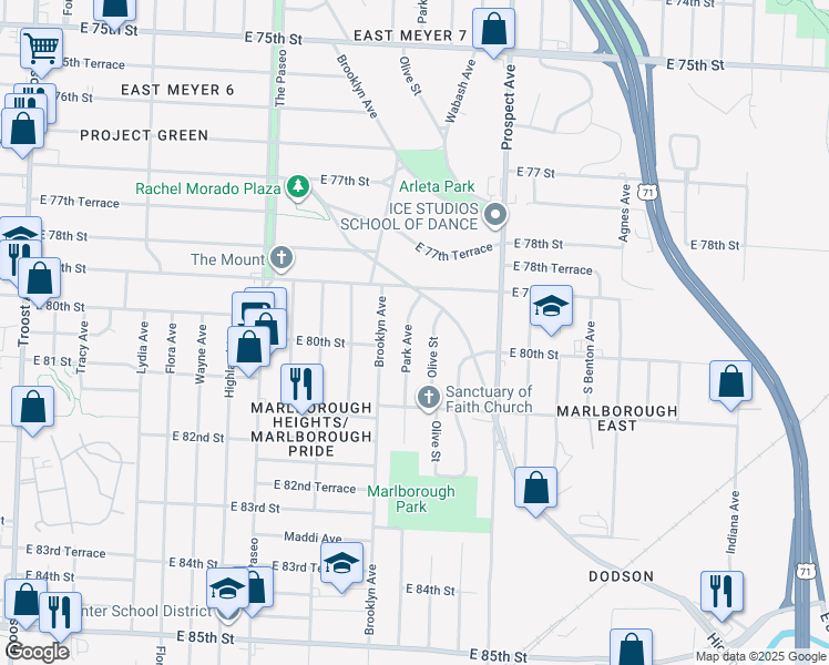 map of restaurants, bars, coffee shops, grocery stores, and more near 7933 Park Avenue in Kansas City