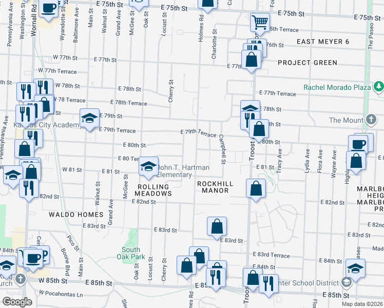 map of restaurants, bars, coffee shops, grocery stores, and more near 8024 Holmes Road in Kansas City