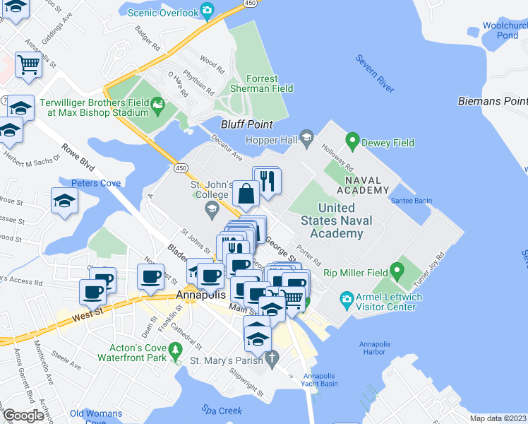 map of restaurants, bars, coffee shops, grocery stores, and more near 241 Hanover Street in Annapolis