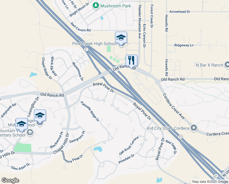 map of restaurants, bars, coffee shops, grocery stores, and more near 12059 Royal Pine Drive in Colorado Springs