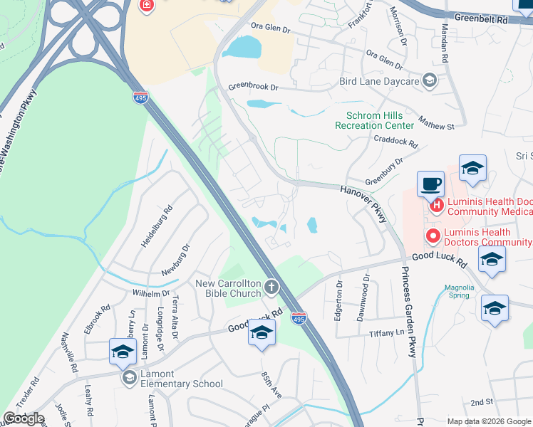 map of restaurants, bars, coffee shops, grocery stores, and more near 6612 Lake Park Drive in Greenbelt