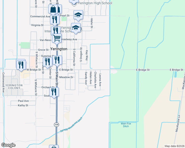 map of restaurants, bars, coffee shops, grocery stores, and more near 310 Helen Avenue in Yerington