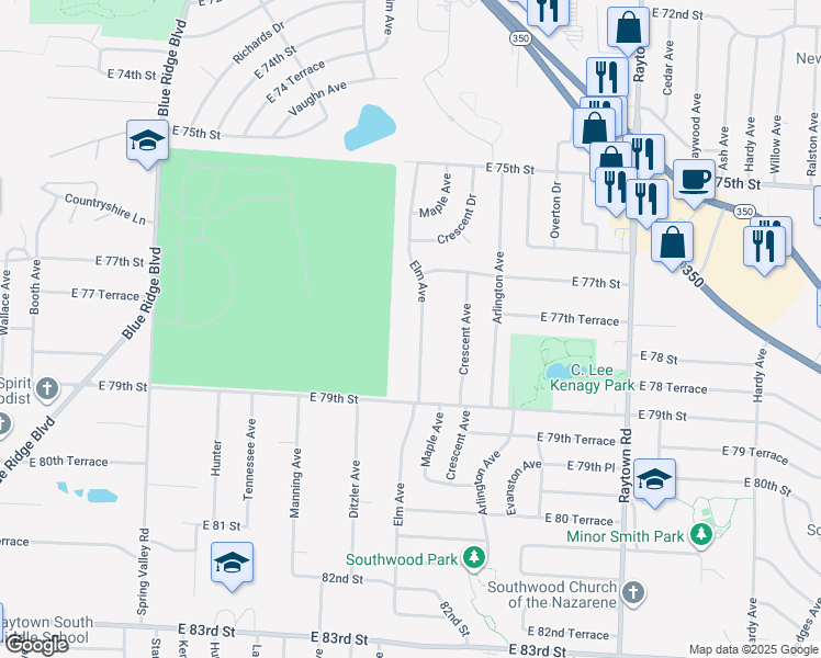 map of restaurants, bars, coffee shops, grocery stores, and more near 7724 Elm Avenue in Raytown