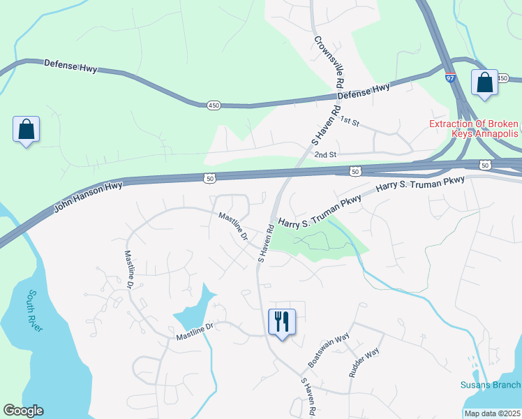 map of restaurants, bars, coffee shops, grocery stores, and more near 2529 Painter Court in Annapolis