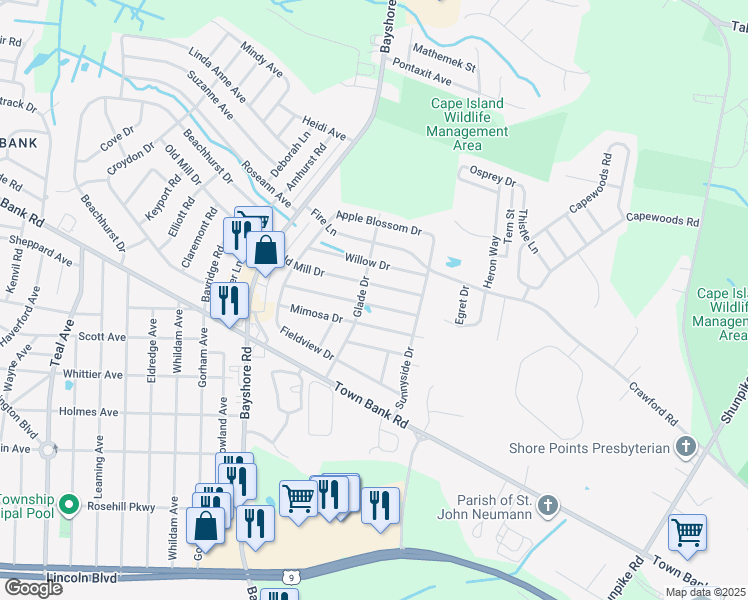 map of restaurants, bars, coffee shops, grocery stores, and more near 202 Orchard Drive in North Cape May