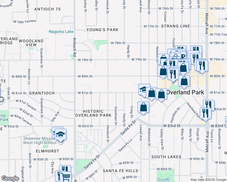 map of restaurants, bars, coffee shops, grocery stores, and more near 8101 Hemlock Street in Overland Park