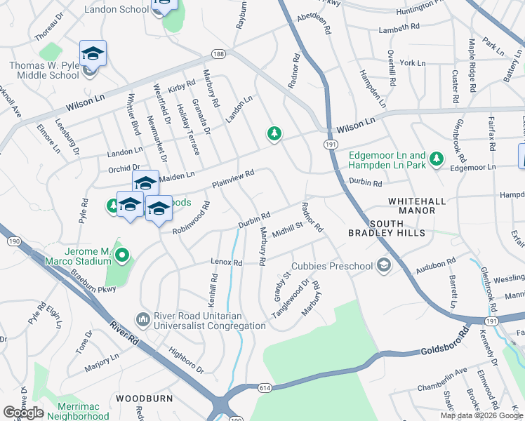 map of restaurants, bars, coffee shops, grocery stores, and more near 7201 Marbury Road in Bethesda