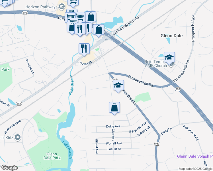 map of restaurants, bars, coffee shops, grocery stores, and more near 10806 Javins Street in Glenn Dale