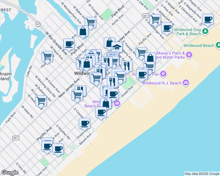 map of restaurants, bars, coffee shops, grocery stores, and more near 244 East Taylor Avenue in Wildwood