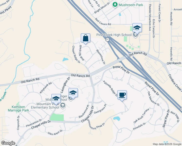 map of restaurants, bars, coffee shops, grocery stores, and more near 2977 Sovereign View in Colorado Springs