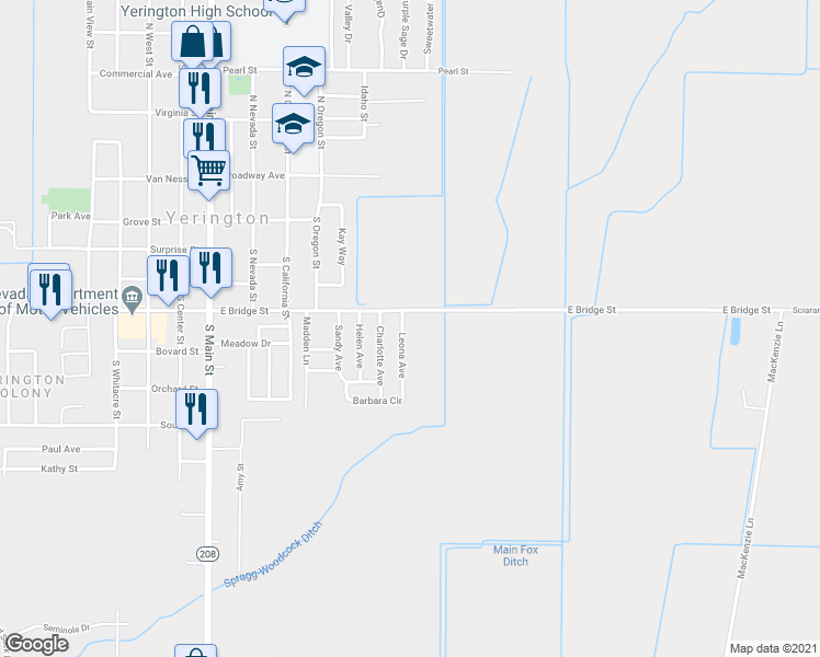 map of restaurants, bars, coffee shops, grocery stores, and more near 302 Leona Avenue in Yerington