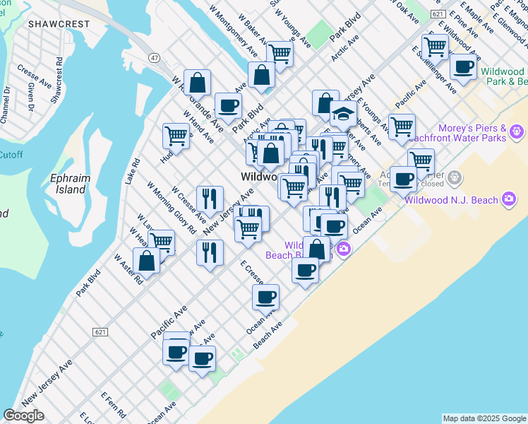 map of restaurants, bars, coffee shops, grocery stores, and more near 151 East Leaming Avenue in Wildwood