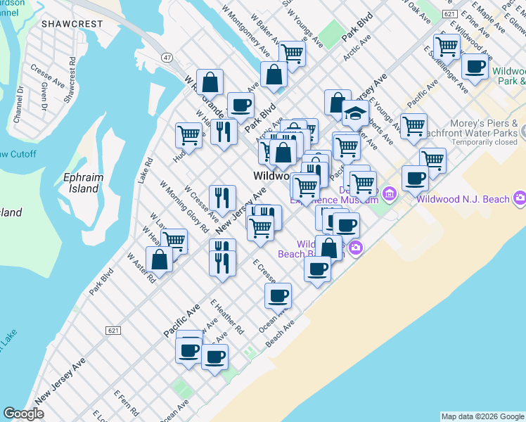map of restaurants, bars, coffee shops, grocery stores, and more near 124 East Bennett Avenue in Wildwood