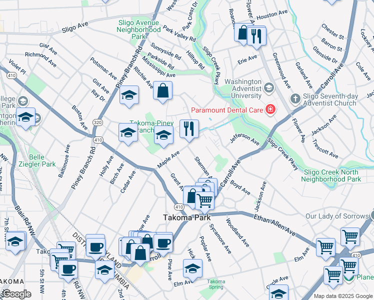 map of restaurants, bars, coffee shops, grocery stores, and more near 7527 Maple Avenue in Takoma Park