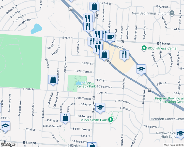 map of restaurants, bars, coffee shops, grocery stores, and more near 7730 Raytown Road in Raytown