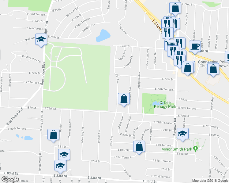 map of restaurants, bars, coffee shops, grocery stores, and more near 7724 Elm Avenue in Raytown