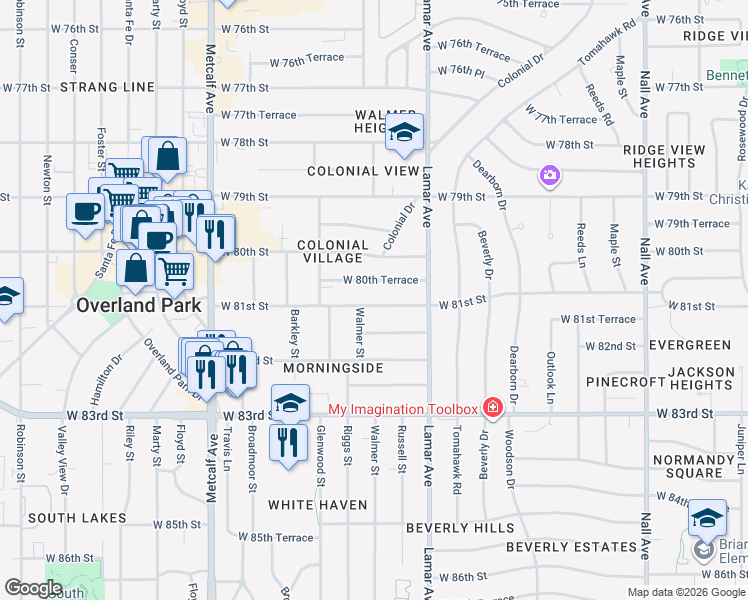 map of restaurants, bars, coffee shops, grocery stores, and more near 6419 West 81st Street in Overland Park