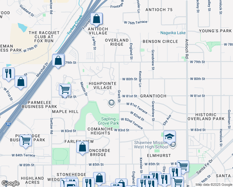 map of restaurants, bars, coffee shops, grocery stores, and more near 8100-8198 Grant St in Overland Park