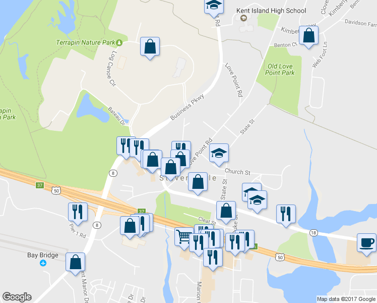 map of restaurants, bars, coffee shops, grocery stores, and more near 429 Love Point Road in Stevensville