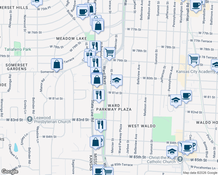 map of restaurants, bars, coffee shops, grocery stores, and more near 8080 Ward Parkway in Kansas City