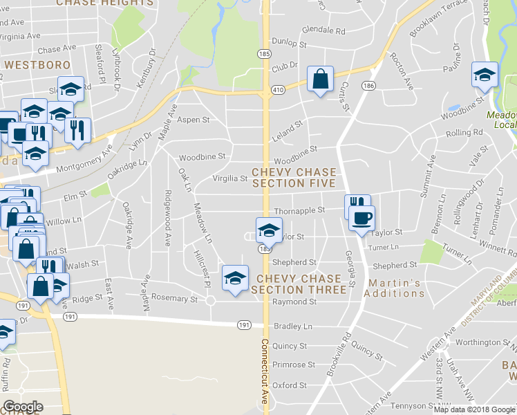 map of restaurants, bars, coffee shops, grocery stores, and more near 7200 Connecticut Avenue in Chevy Chase