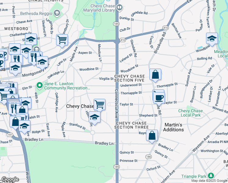map of restaurants, bars, coffee shops, grocery stores, and more near 7200 Connecticut Avenue in Chevy Chase