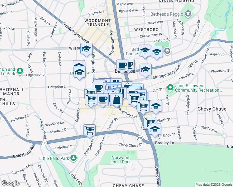 map of restaurants, bars, coffee shops, grocery stores, and more near 4800 Hampden Lane in Bethesda