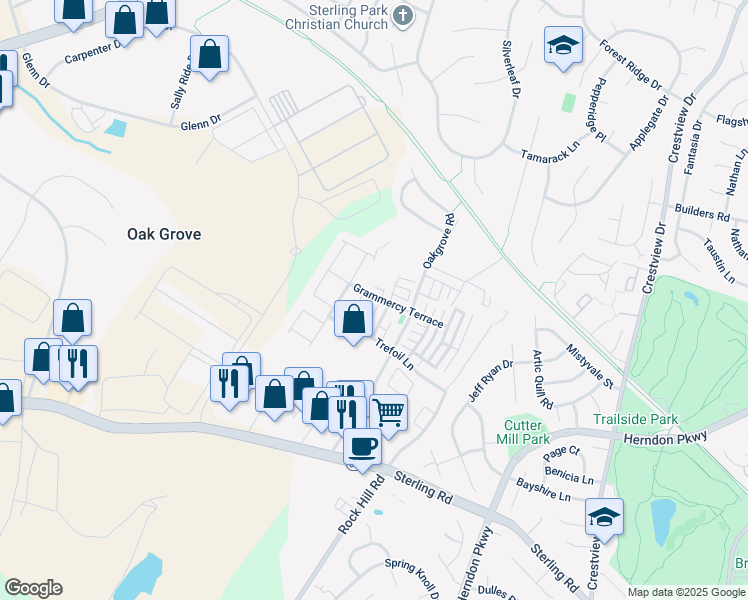 map of restaurants, bars, coffee shops, grocery stores, and more near 22900 Benson Terrace in Sterling
