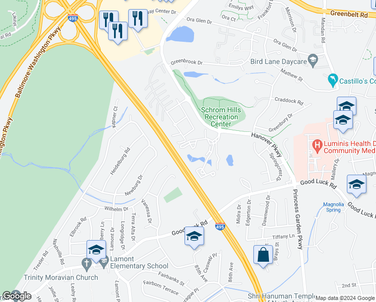 map of restaurants, bars, coffee shops, grocery stores, and more near 6602 Lake Park Drive in Greenbelt