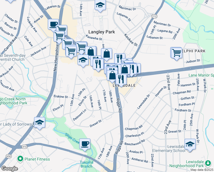 map of restaurants, bars, coffee shops, grocery stores, and more near 7402 18th Avenue in Hyattsville