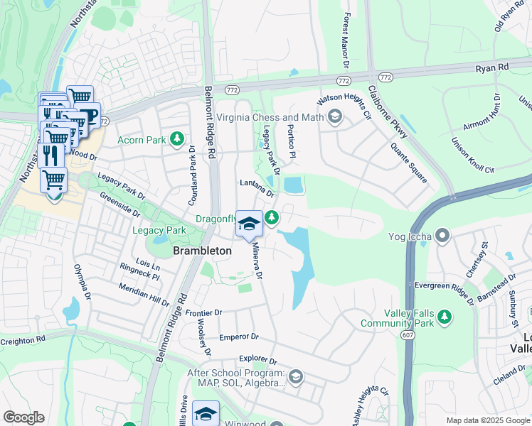 map of restaurants, bars, coffee shops, grocery stores, and more near in Brambleton