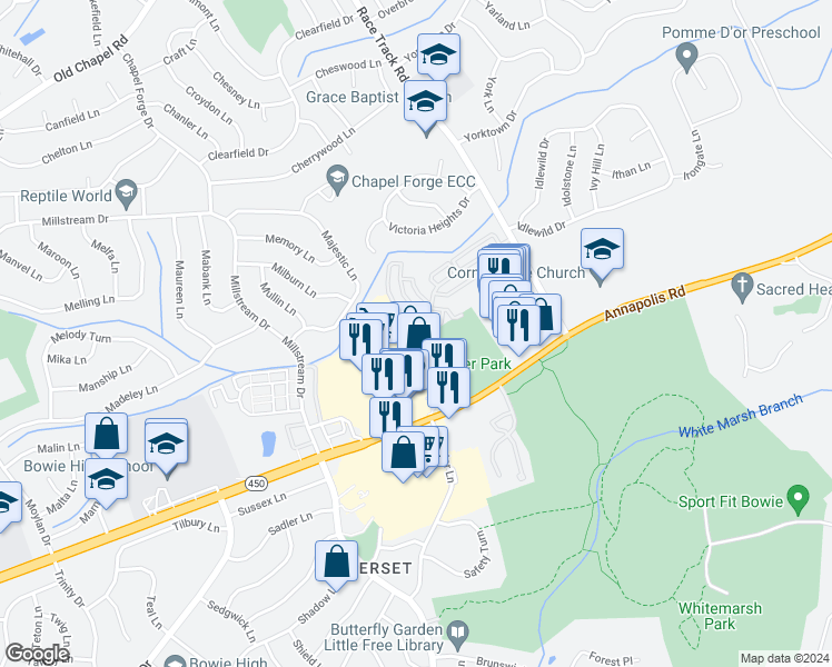 map of restaurants, bars, coffee shops, grocery stores, and more near 12905 Marquette Lane in Bowie