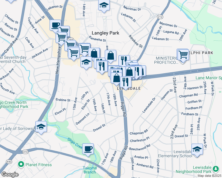 map of restaurants, bars, coffee shops, grocery stores, and more near 7402 18th Avenue in Hyattsville